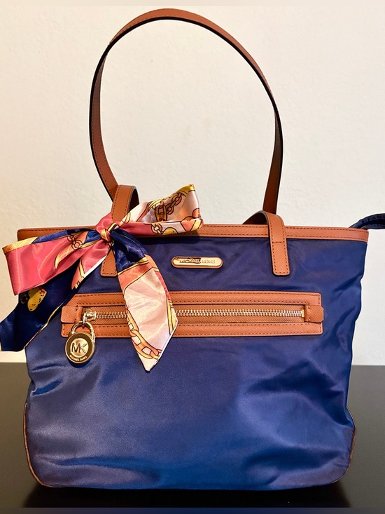 Michael Kors Handbags - Michael Kors Kempton Blue Nylon Tote with Tan Saffiano Leather, EUC, Retail $85